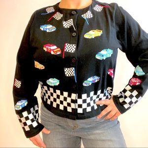 Michael Simon Black Button Down Shirt with Race Car Design